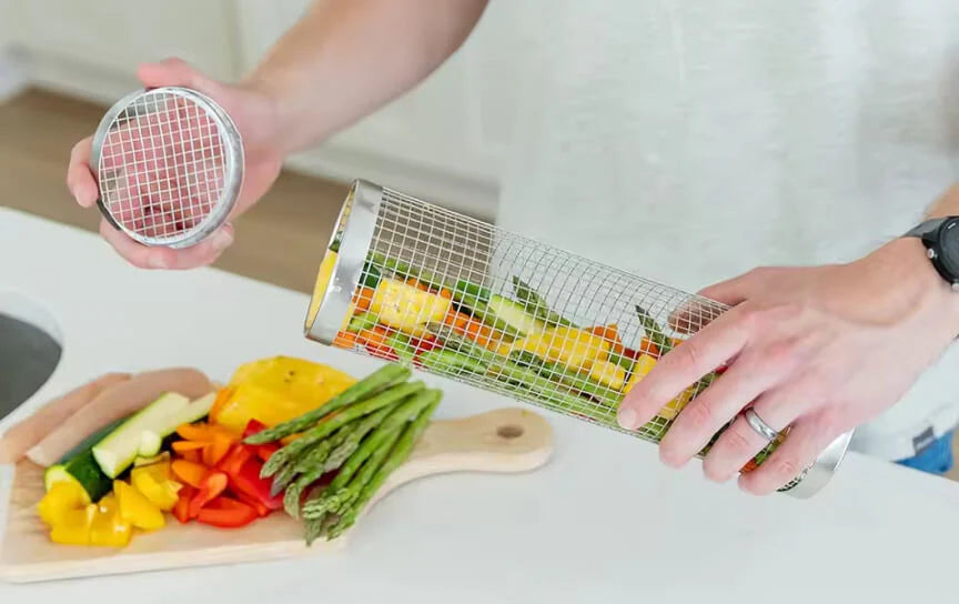 Loading the grill basket with fresh ingredients